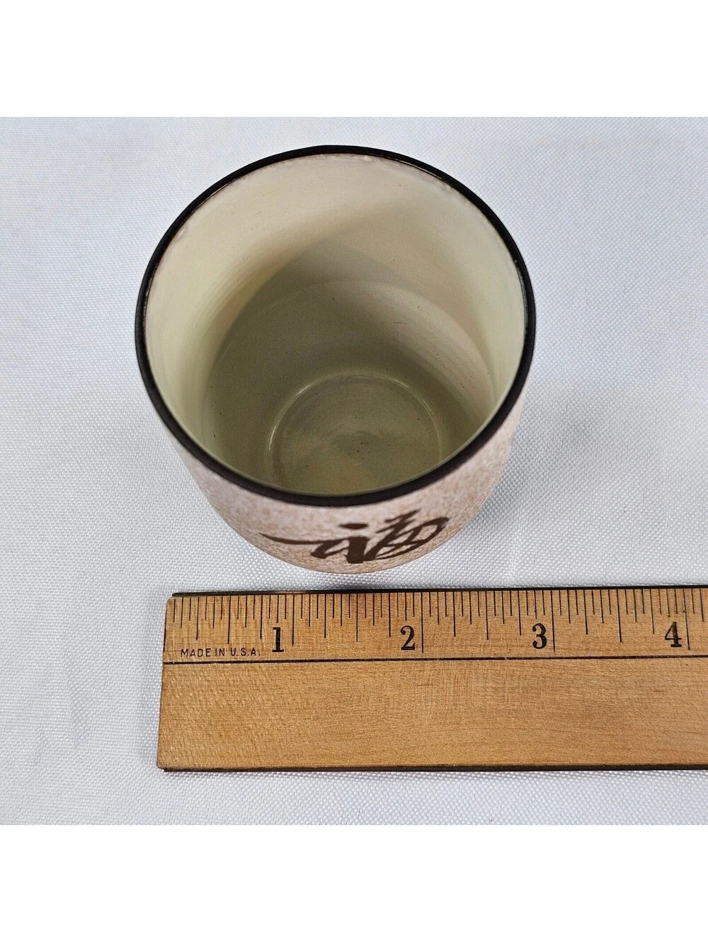 Vtg Japanese Ceramic Tea Set Teapot and 2 Cups Kanji Calligraphy Tan Black Glaze